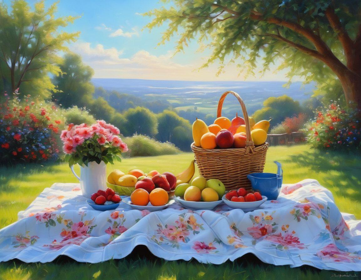 A serene scene depicting a cozy outdoor picnic with friends, surrounded by blooming flowers and gentle sunlight, capturing laughter and shared moments. Include vibrant fruits, a soft blanket, and a clear blue sky in the background. This image should evoke feelings of warmth, happiness, and the beauty of simple pleasures. painting. vibrant colors. soft focus.