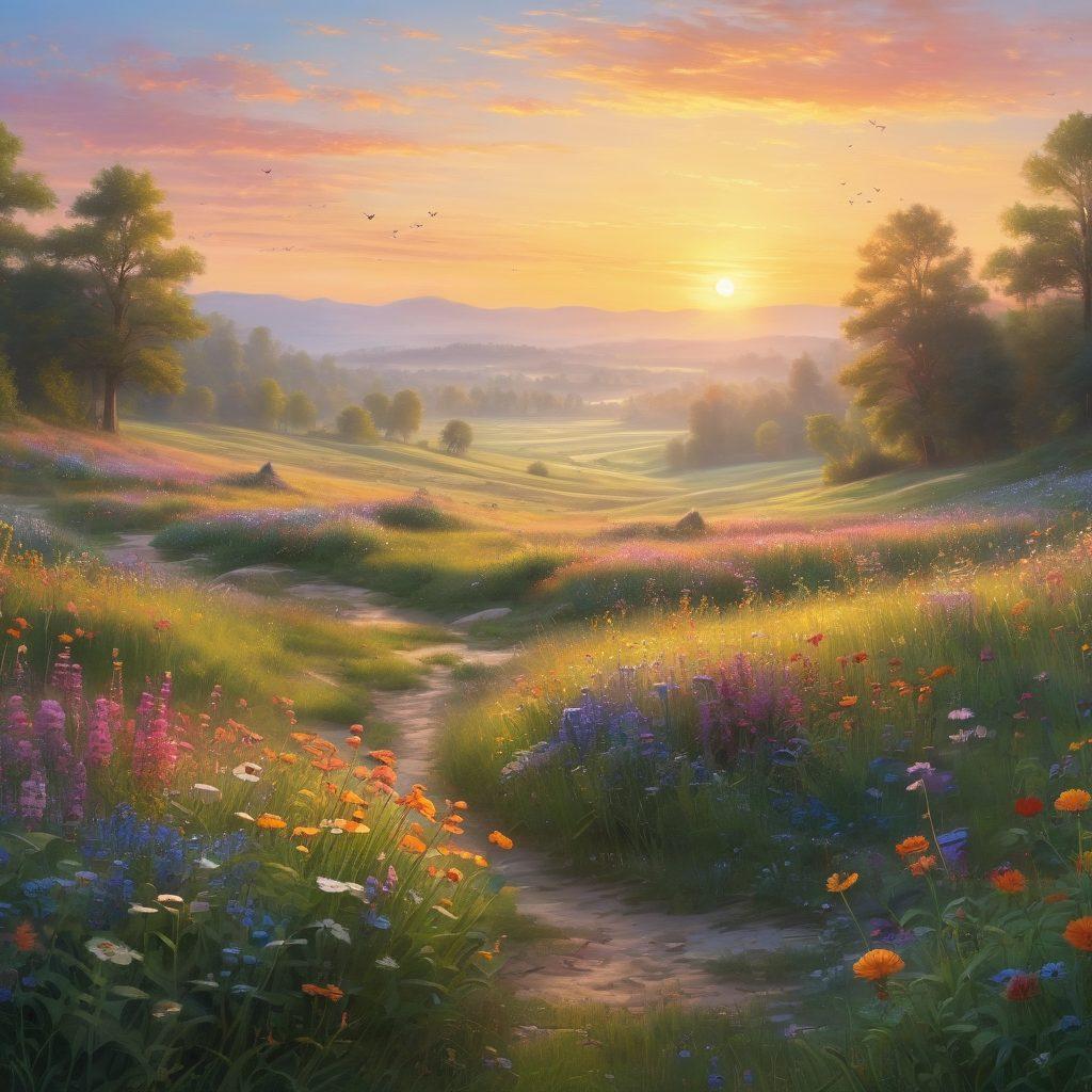 A serene landscape showcasing a vibrant sunrise over a blooming meadow, filled with colorful wildflowers and fluttering butterflies. In the foreground, a group of diverse people of different ages are joyfully engaging in activities like reading, painting, and playing music, embodying a sense of happiness and community. Soft, warm lighting enhances the cheerful ambiance. pastel colors. super-realistic.